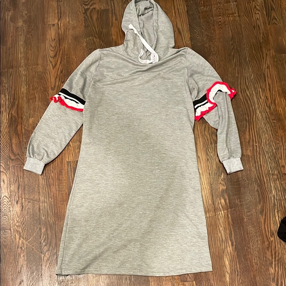 Gray Hoodie Dress with Ruffle Sleeves